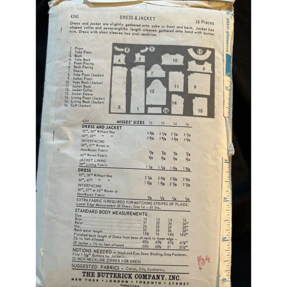 Butterick 4341 Sewing Pattern 1960s Jackie O Dress Jacket 12 Bust 32   Vintage - Picture 2 of 3